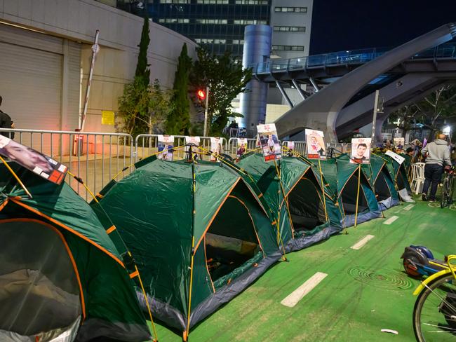 Rows of tents are set up for the families of hostages to sleep in outside of The Kirya in Tel Aviv, Israel. Picture: Getty Images