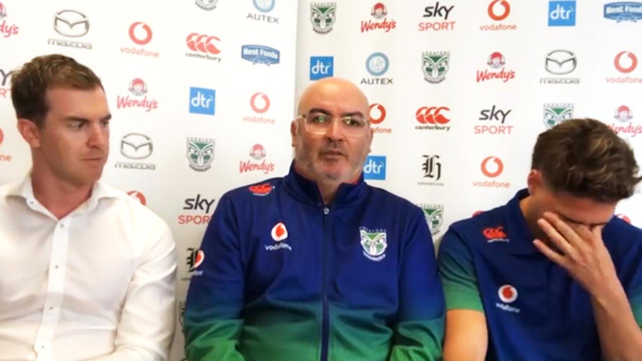 New Zealand Warriors CEO Cameron George (middle) and fullback Reece Walsh (R) during a Zoom press conference.