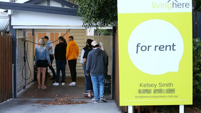 Rental crisis: Would-be tenants line up to inspect a home in New Farm, Brisbane. Picture: Steve Pohlner