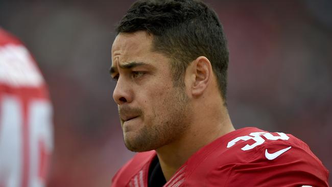 SANTA CLARA, CA - JANUARY 03: Jarryd Hayne #38 of the San Francisco 49ers looks on from the sidelines against the St. Louis Rams during an NFL football game at Levi's Stadium on January 3, 2016 in Santa Clara, California. (Photo by Thearon W. Henderson/Getty Images)