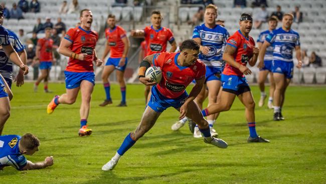 Devils Vs Butchers. Colby Pellow breaks the line and goes on to score the try. Picture: Thomas Lisson