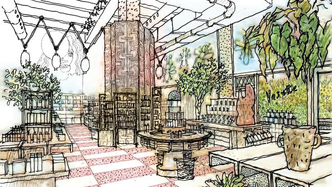 A sketch of the first Mecca Apothecary concept, part of its new flagship on Melbourne’s Bourke Street. Image supplied by Studio Mcqualter