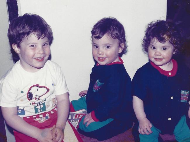 Dr Harrington’s young children, Alexander and twins Damien and Charlotte. Damien died of SIDS just short of his second birthday 28 years ago. Picture: Supplied.