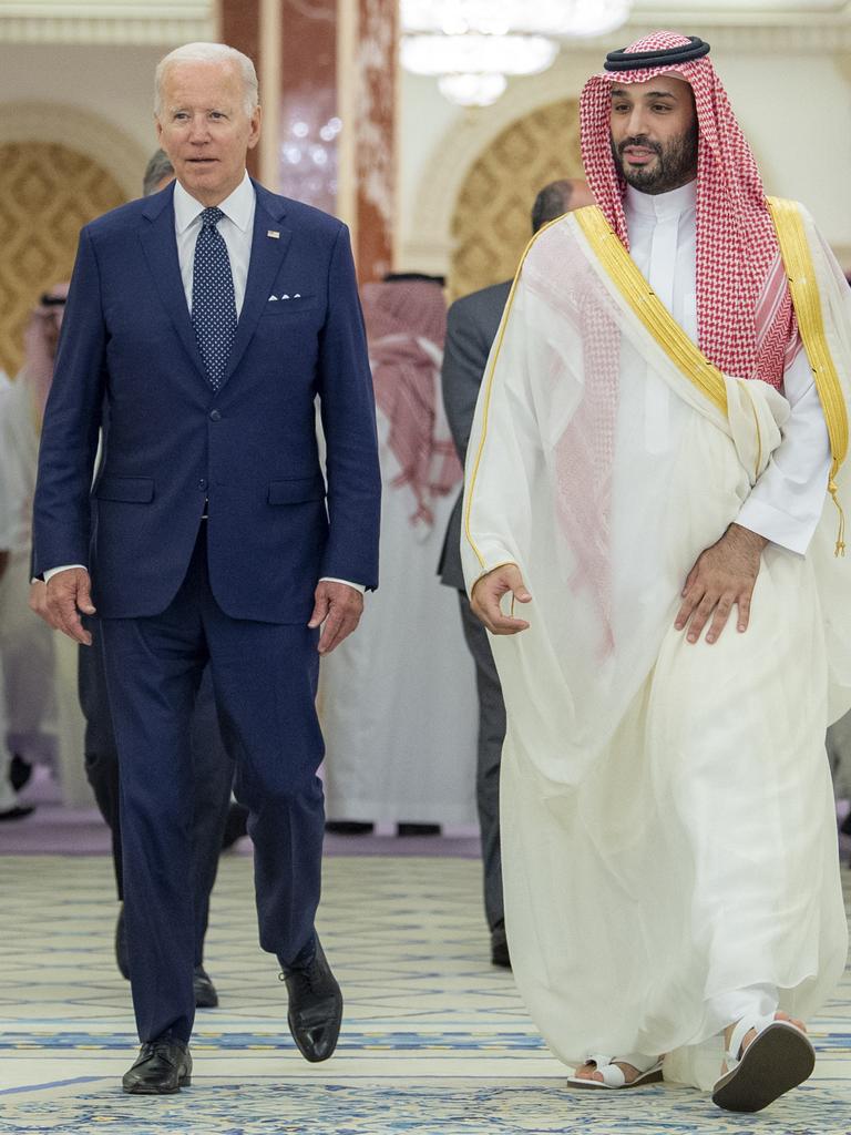 US President Joe Biden and Saudi Crown Prince Mohammed bin Salman (R) walking at Al-Salam Palace in the Red Sea port of Jeddah. Picture: Bandar Al-Jaloud.