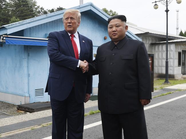 In a historic moment, Donald Trump became the first serving US President to cross the Demilitarised Zone into North Korea and meet Kim Jong-un. Picture: AP