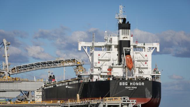 Coal ship BBG Honor, Hong Kong, is loaded with coal in the Port of Newcastle. Picture: Liam Driver