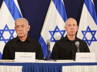 Israeli Prime Minister Benjamin Netanyahu and Defense Minister Yoav Gallant attend a press conference in the Kirya military base in Tel Aviv, Israel, Saturday, Oct. 28, 2023. (Abir Sultan/Pool Photo via AP)