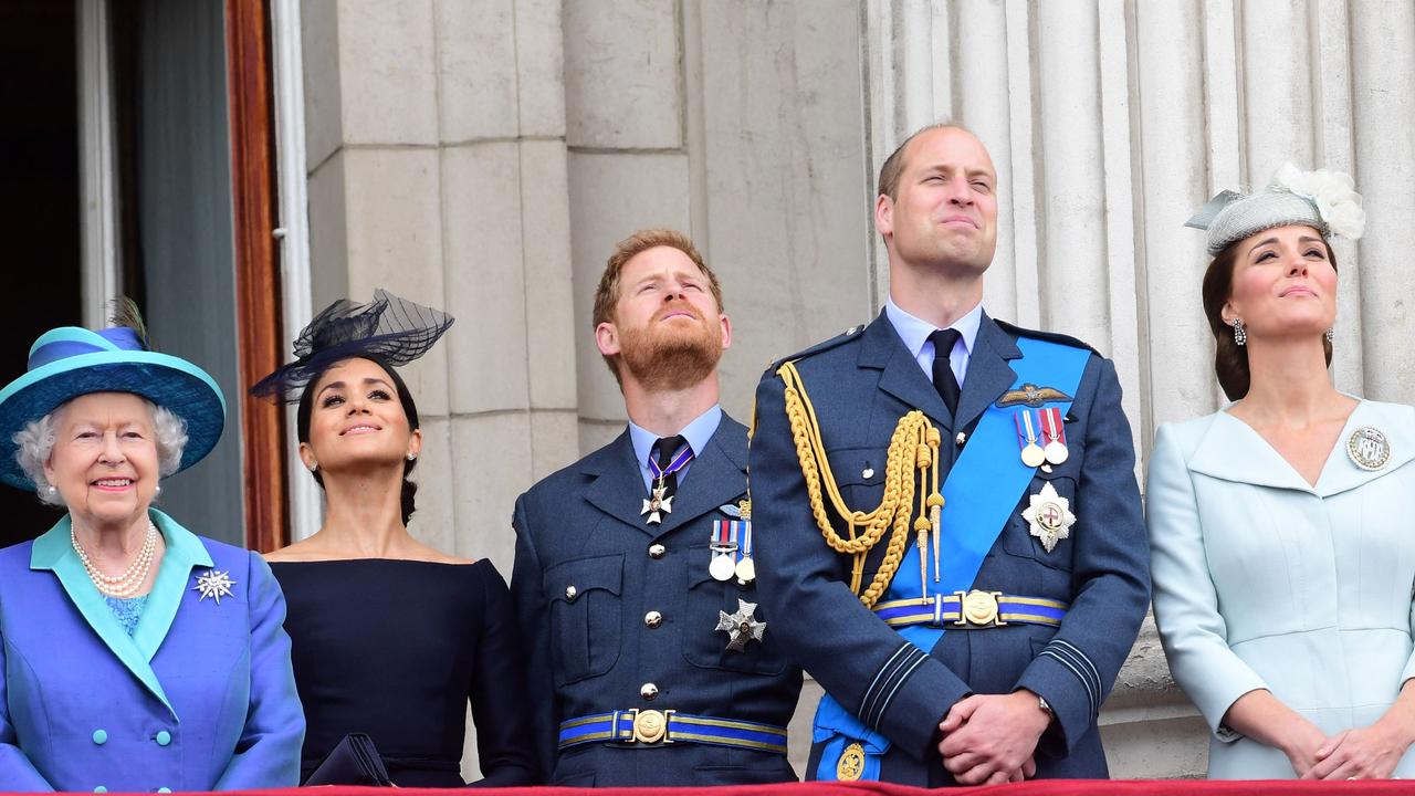 The Queen, Meghan, Harry, William and Kate in simpler times for the royal family in 2018. Picture: Paul Grover/AFP