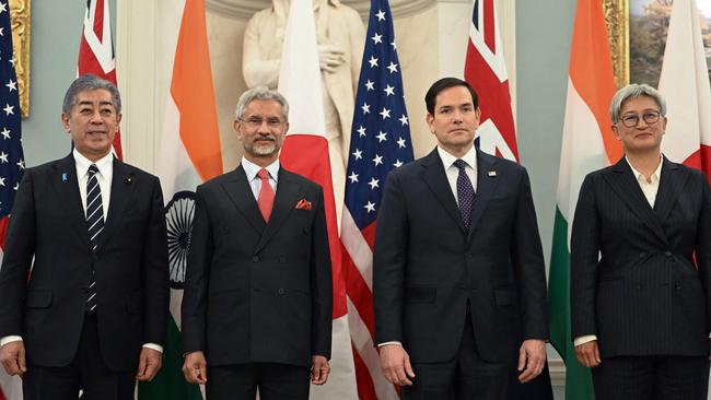 Japanese Foreign Minister Iwaya Takeshi, Indian Foreign Minister Subrahmanyam Jaishankar, US Secretary of State Marco Rubio and Foreign Minister Penny Won at the State Department in Washington, DC. Picture: AFP