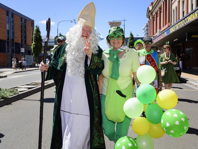 Tom Delany as St Patrick with Elizabeth Delany march in the Darling Downs Irish Club St Patrick's Day parade, Sunday, March 16, 2025. Picture: Kevin Farmer