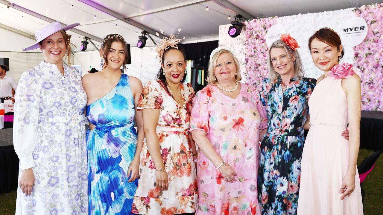 Mel Raso, Emma Bridge, Yvonne Benson, Sharon Nortier, Jo Bird and Mina Ridge at the Cairns Amateurs High Tea, held under the waterfront marque on the Cairns Esplanade Eastern Events lawn. Picture: Brendan Radke