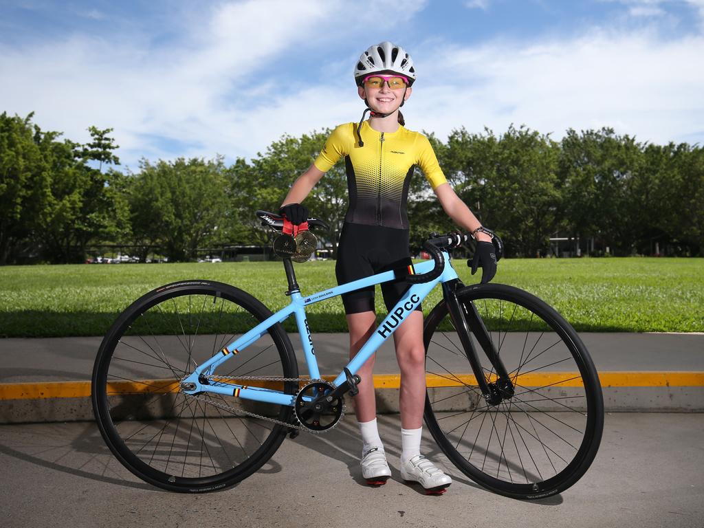 Young cyclist Sienna Goulding, 9, won the Under 11 years 200 metre flying start race, 500 metre time trail race and 2000 metre scratch race at the Queensland track championships in Brisbane in December, beating the record for the 200 metre flying start race. Picture: Brendan Radke