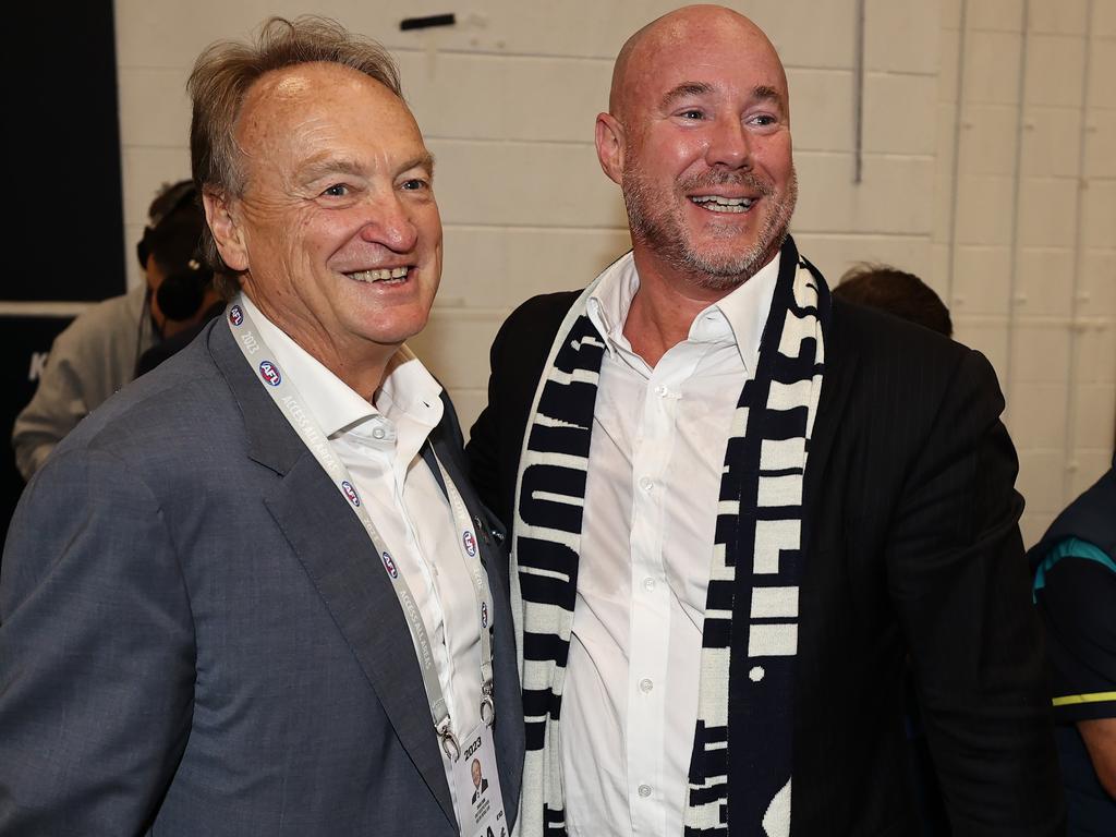 Luke Sayers (right) and Brian Cook in the Carlton rooms after a game. Picture: Michael Klein