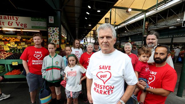 Chris Erlandson and other members of Save Our Preston Market community group at Preston Market where plans to re develop it are underway. Picture: David Geraghty / The Australian.