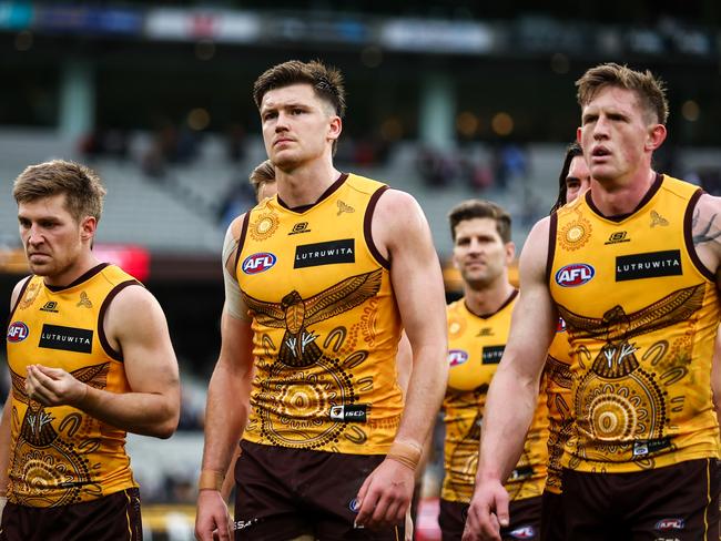 MELBOURNE, AUSTRALIA - JULY 02: Mitch Lewis of the Hawks looks dejected after a loss during the 2023 AFL Round 16 match between the Hawthorn Hawks and the Carlton Blues at the Melbourne Cricket Ground on July 2, 2023 in Melbourne, Australia. (Photo by Dylan Burns/AFL Photos via Getty Images)