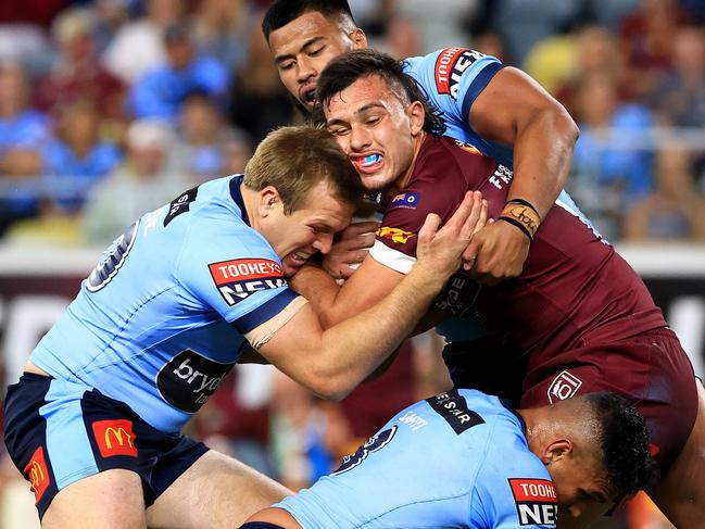 Tino Fa'asuamaleaui in action during Game 1 of the 2021 State of Origin Series between Queensland and NSW at Queensland Country Bank Stadium, in Townsville. Pics Adam Head