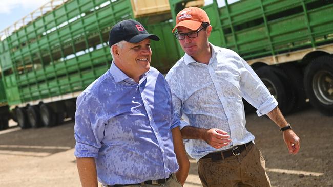 Scott Morrison and David Littleproud in Winton. Picture: AAP