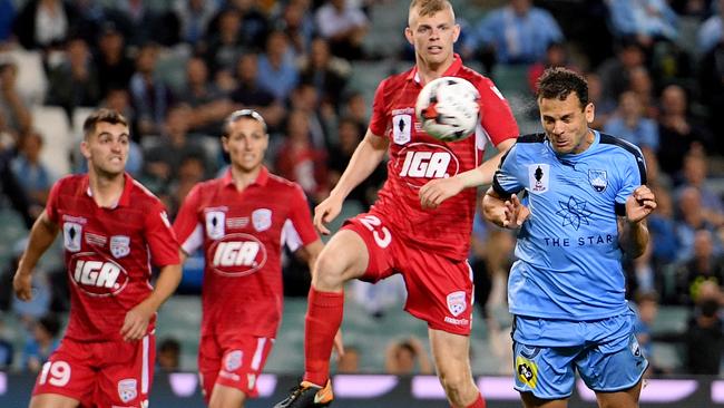 Bobo scores the winning goal for Sydney FC. (AAP Image/Dan Himbrechts)