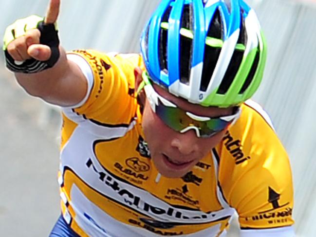 Caleb Ewan (Orica Green Edge) crosses the line first after a hot and windy stage two of the Mitchelton Bay Cycling Classic at Eastern Park. Picture: Leanne Kelly