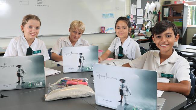 Trinity Anglican School has been recognised in the best 8 primary schools in Australia, and the best in Cairns at the Australian Education Awards. TAS primary students, Camryn Dunn, Alex Roll, Jade Thomas and Ari Rajeswaran study online in the classroom. Picture: Brendan Radke