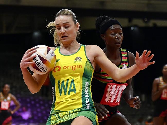 CAPE TOWN, SOUTH AFRICA - AUGUST 01: Liz Watson (Captain) of Australia and Grace Mwafulirwa of Malawi during the Netball World Cup 2023, Pool F match between Australia and Malawi at Cape Town International Convention Centre Court 1 on August 01, 2023 in Cape Town, South Africa. (Photo by Ashley Vlotman/Gallo Images/Netball World Cup 2023)