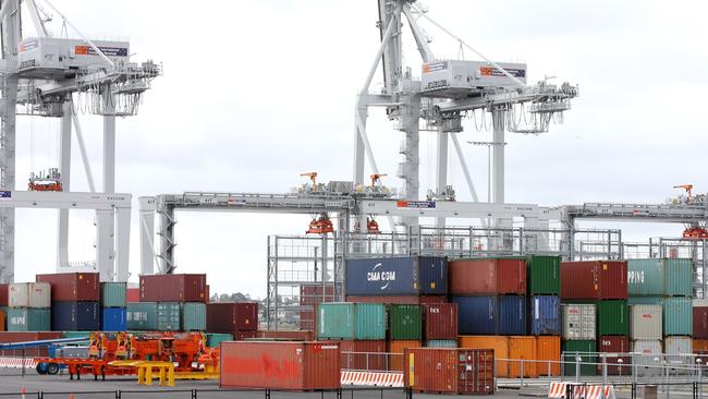 Containers stacked up high at Webb Dock have been stranded by the blockade. Picture: Michael Klein