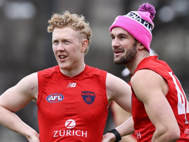 Melbourne training at GoschÃs Paddock. 25/07/2021.  Clayton Oliver and Joel Smith of the Demons  at training today    .  Pic: Michael Klein