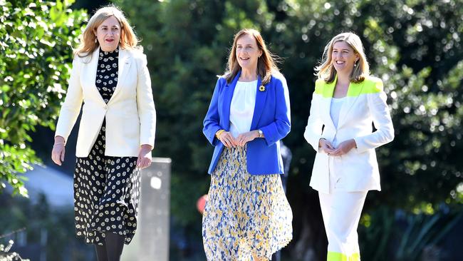 Annastacia Palaszczuk with Allison Baden-Clay Foundation Chair Vanessa Fowler and Attorney-General Shannon Fentiman. Picture: NCA NewsWire / John Gass