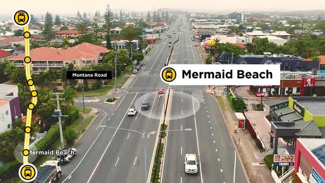 Gold Coast Light Rail Stage 3A artist impressions — how it will impact on the Gold Coast Highway at Mermaid Beach.