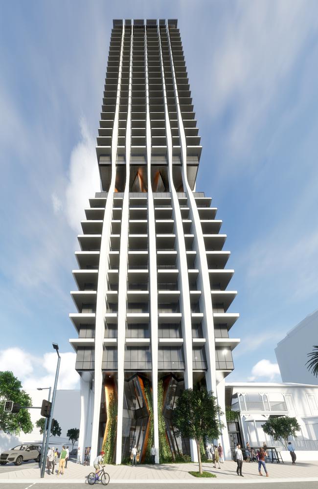 Global Student Accommodation’s proposed design for a 34-storey building on the corner of North Tce and Frome Rd.