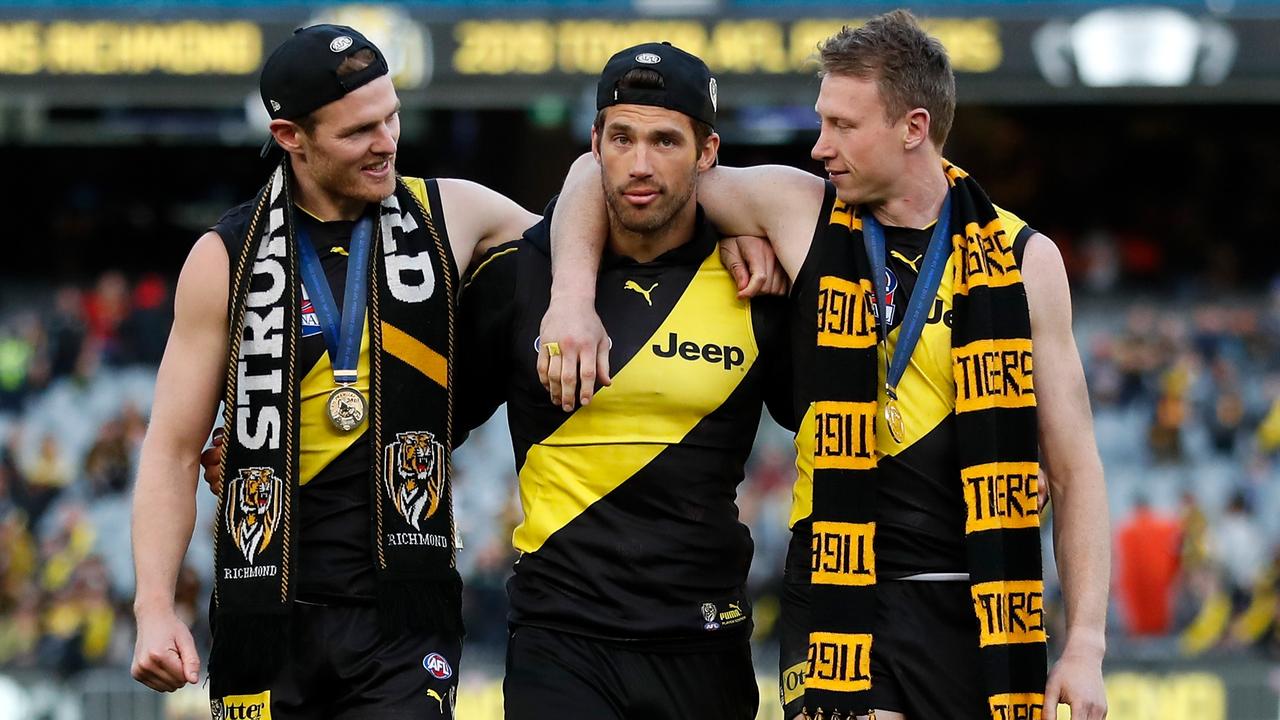 David Astbury, Alex Rance and Dylan Grimes celebrate on Saturday.