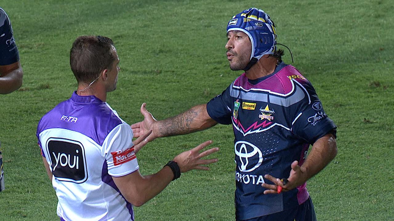 Johnathan Thurston blows up after eight-point try call.