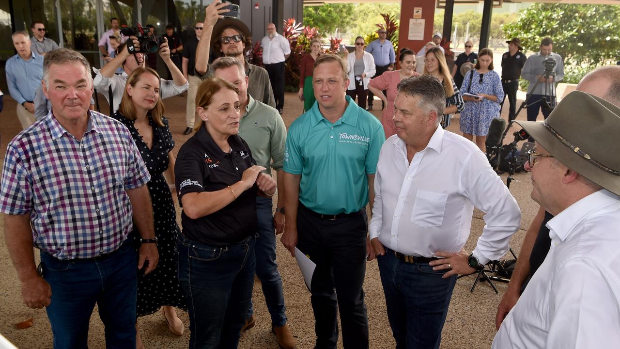 Townsville Mayor Jenny Hill advocates the many job opportunities for the region, as Prime Minister Anthony Albanese, State Resources Minister Scott Stewart, Premier Steven Miles, and Member for Thuringowa Aaron Harper listen. Picture: Evan Morgan