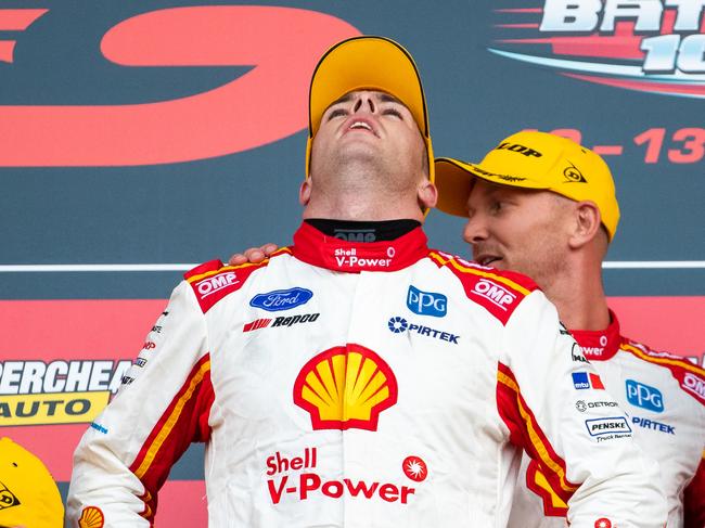 Scott McLaughlin may be stripped of the Bathurst title he celebrated winning on Sunday. Picture: Daniel Kalisz/Getty Images