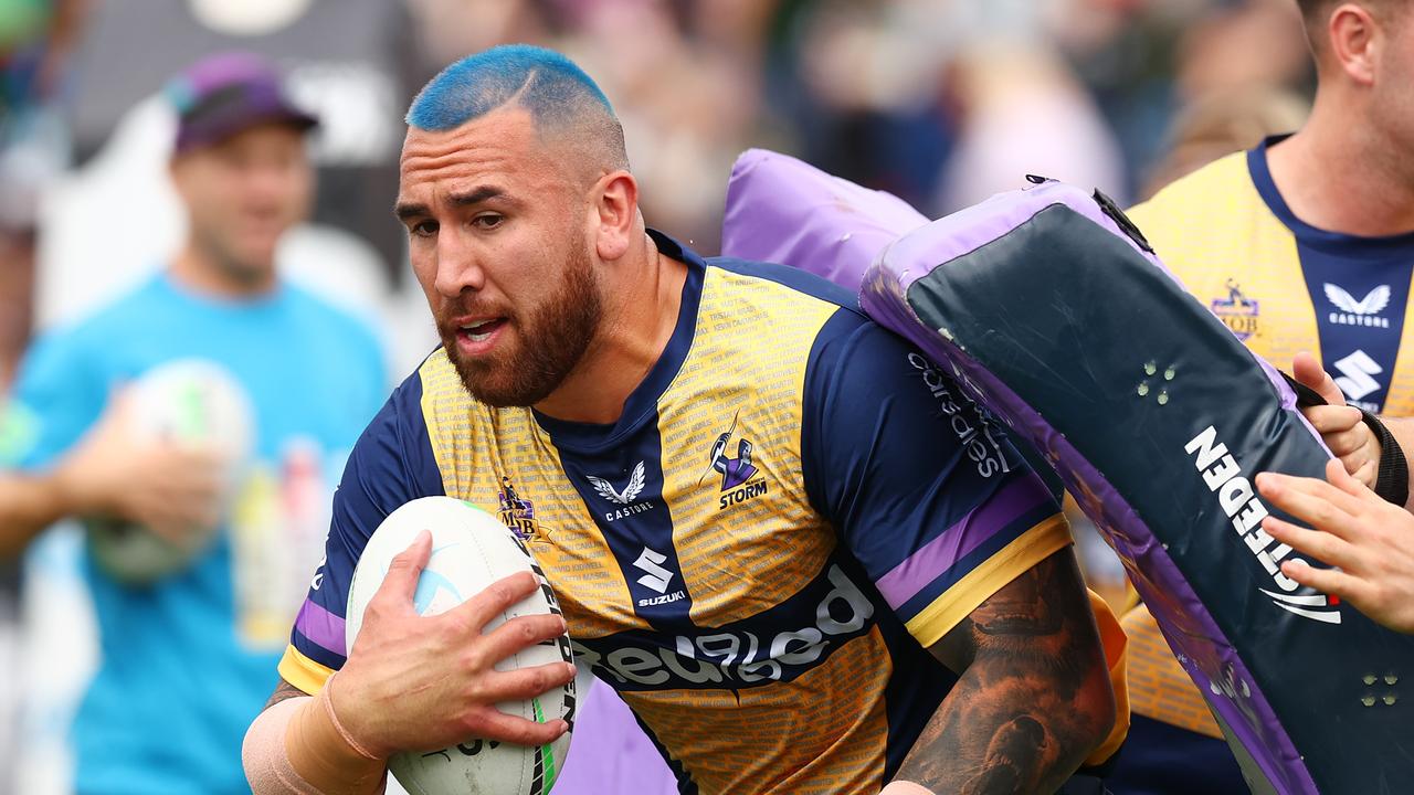 WAGGA WAGGA, AUSTRALIA - APRIL 09: Nelson Asofa-Solomona of the Storm warms up before the round five NRL match between the Canberra Raiders and the Melbourne Storm at McDonalds Park, on April 09, 2022, in Wagga Wagga, Australia. (Photo by Mark Nolan/Getty Images)