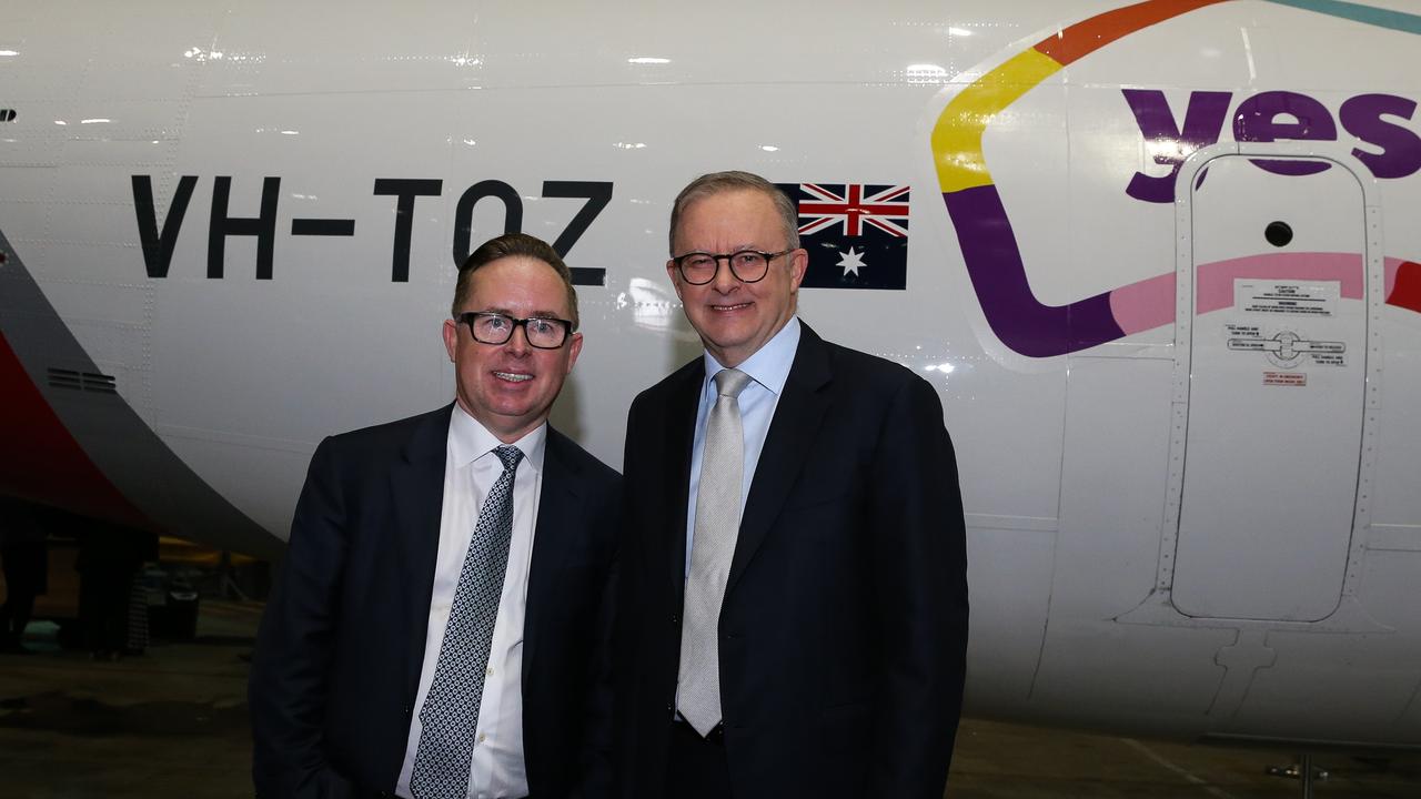 Prime Minister, Anthony Albanese and Qantas CEO Alan Joyce attend the launch of the Qantas 'Yes' Campaign in 2023. Picture: NCA Newswire / Gaye Gerard