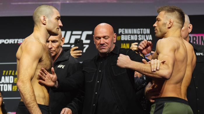 Opponents Sean Strickland and Dricus Du Plessis of South Africa face off during the UFC 297 ceremonial weigh-in at Scotiabank Arena on January 19, 2024 in Toronto, Ontario. (Photo by Jeff Bottari/Zuffa LLC via Getty Images)