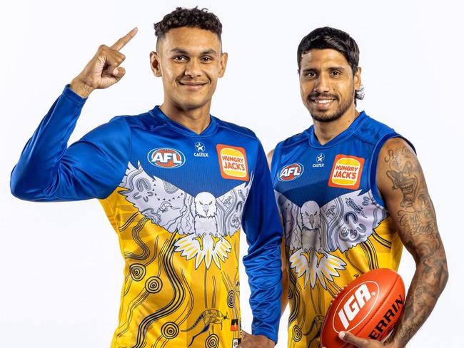 Tyrell Dewar and Tim Kelly in the club's 2025 Indigenous Jumper. Picture: West Coast