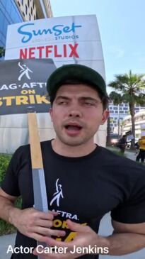 Actors Luke Cook, Carter Jenkins and Christian Wilkins on the SAG picket line