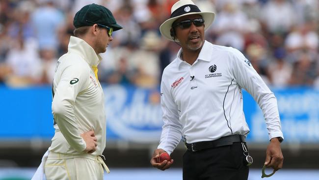 Umpire Joel Wilson with Australia's Steve Smith during the first Ashes Test at Edgbaston