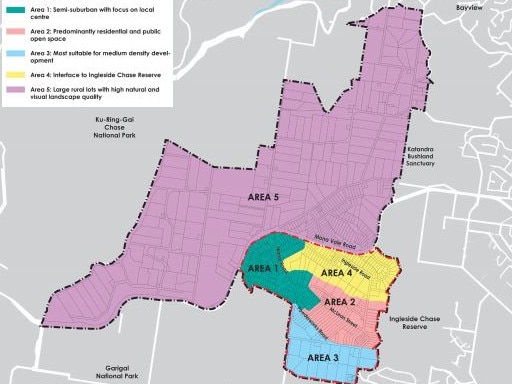 An overview included in the draft Ingleside Place Strategy showing the five proposed 'character areas' within and near the redevelopment precinct. Picture: NSW Government