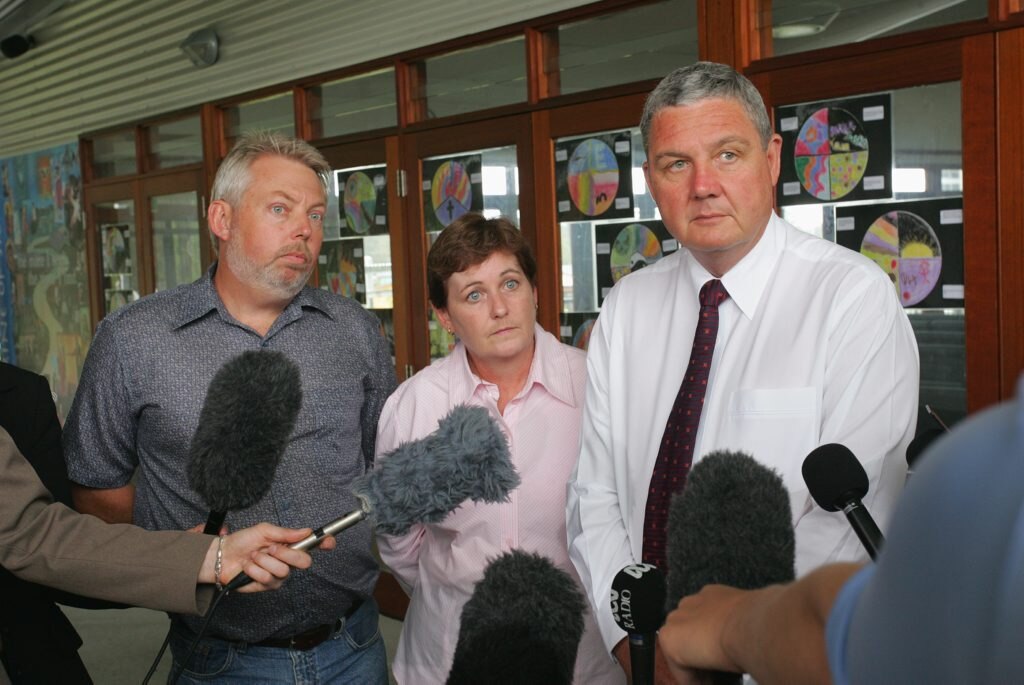 Press conference at the new St Catherine's of Siena Catholic Church with Bruce and Denise Morcombe and detective inspector John Maloney in 2004. Picture: Brett Wortman