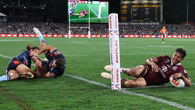 Selwyn Cobbo scores a try for the Maroons. Picture: Getty Images