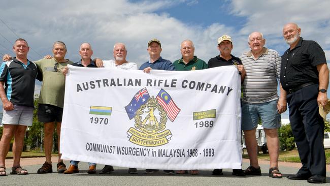 Veterans of the Rifle Company Butterworth (RCB) Craig Leonard, David Williams, Dave McCarron, Rodney Pearce, Ray Fulcher, Dieter Dattinger, Lionel Fitzsimmons, Bob Taylor and Glen Rowe. Picture: Evan Morgan