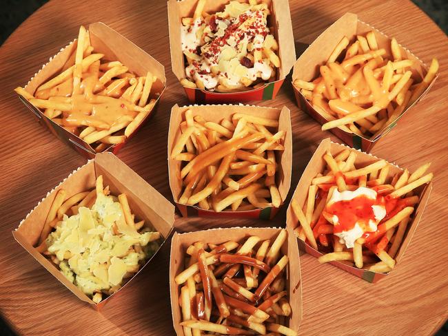 The new flavours include, clockwise from top, caesar sauce, bacon and cheese, chipotle, sweet chilli and sour cream, gravy, pesto mayo and parmesan, peri peri chicken and curry. Picture: Toby Zerna