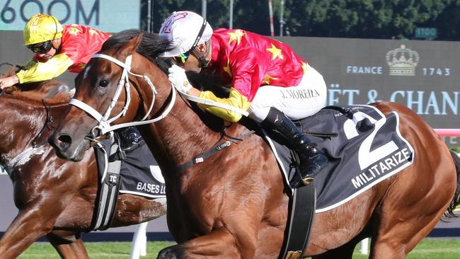 Militarize ridden by Joao Moreira winning the Group 1 Champagne Stakes at Royal Randwick on April 15, 2023. Picture: Grant Guy