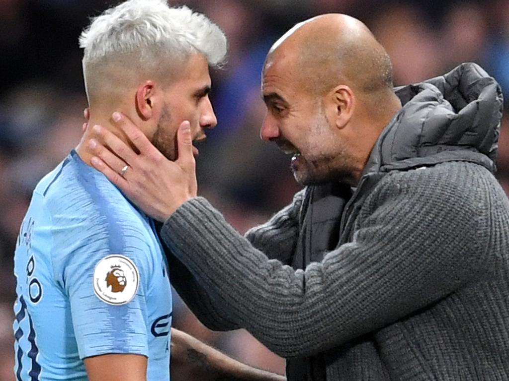 MANCHESTER, ENGLAND - NOVEMBER 11:  Sergio Aguero of Manchester City is embraced by Josep Guardiola, Manager of Manchester City as he is substituted during the Premier League match between Manchester City and Manchester United at Etihad Stadium on November 11, 2018 in Manchester, United Kingdom.  (Photo by Laurence Griffiths/Getty Images)