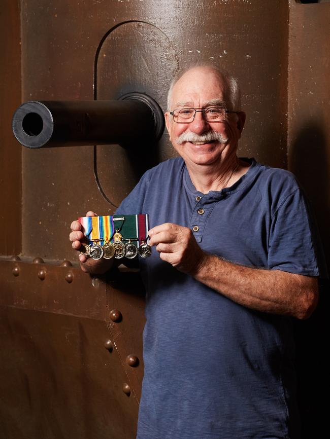 Christopher Colyer with his grandfather’s medals at the Spirit of Anzac Centenary Experience, currently at Wayville Showgrounds. Picture: Matt Loxton