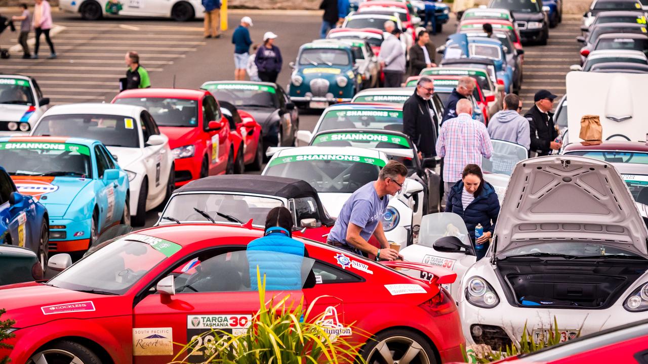 Targa cars during a stop over in Penguin. Picture: Wishart Media