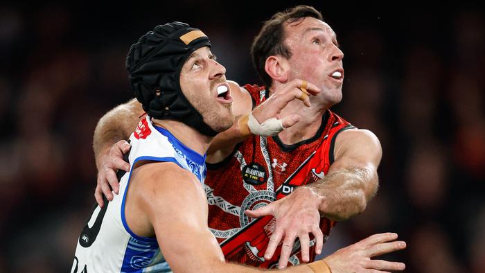 MELBOURNE, AUSTRALIA - MAY 19: Tristan Xerri of the Kangaroos and Todd Goldstein of the Bombers compete in a ruck contest during the 2024 AFL Round 10 match between the Essendon Bombers and the North Melbourne Kangaroos at Marvel Stadium on May 19, 2024 in Melbourne, Australia. (Photo by Dylan Burns/AFL Photos via Getty Images)